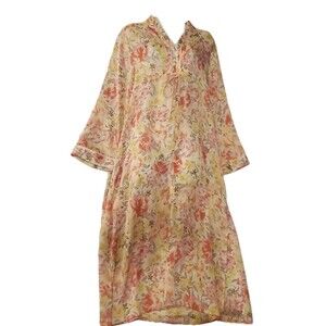 Oscar De La Renta L Sheer Housedress Loungewear Robe Pink Floral Zip Up Textured